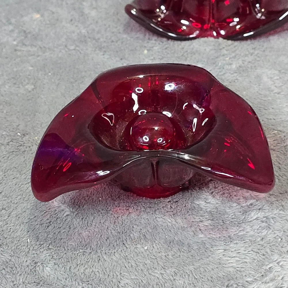 Vintage Ruby Red Glass Flower Candle Holders Set of 4 Star Shape Retro Decor